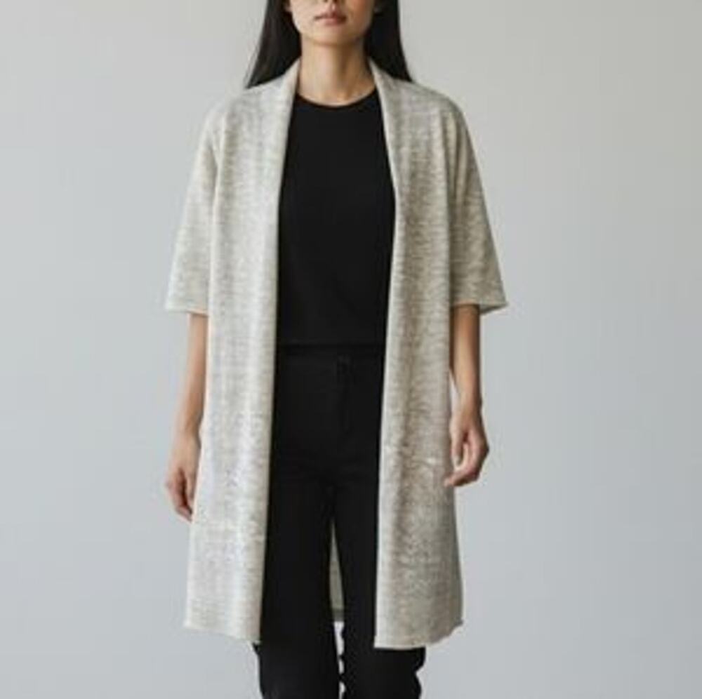 Eileen Fisher Linen Open Front Cardigan Sweater Size Medium Short Sleeve Grey